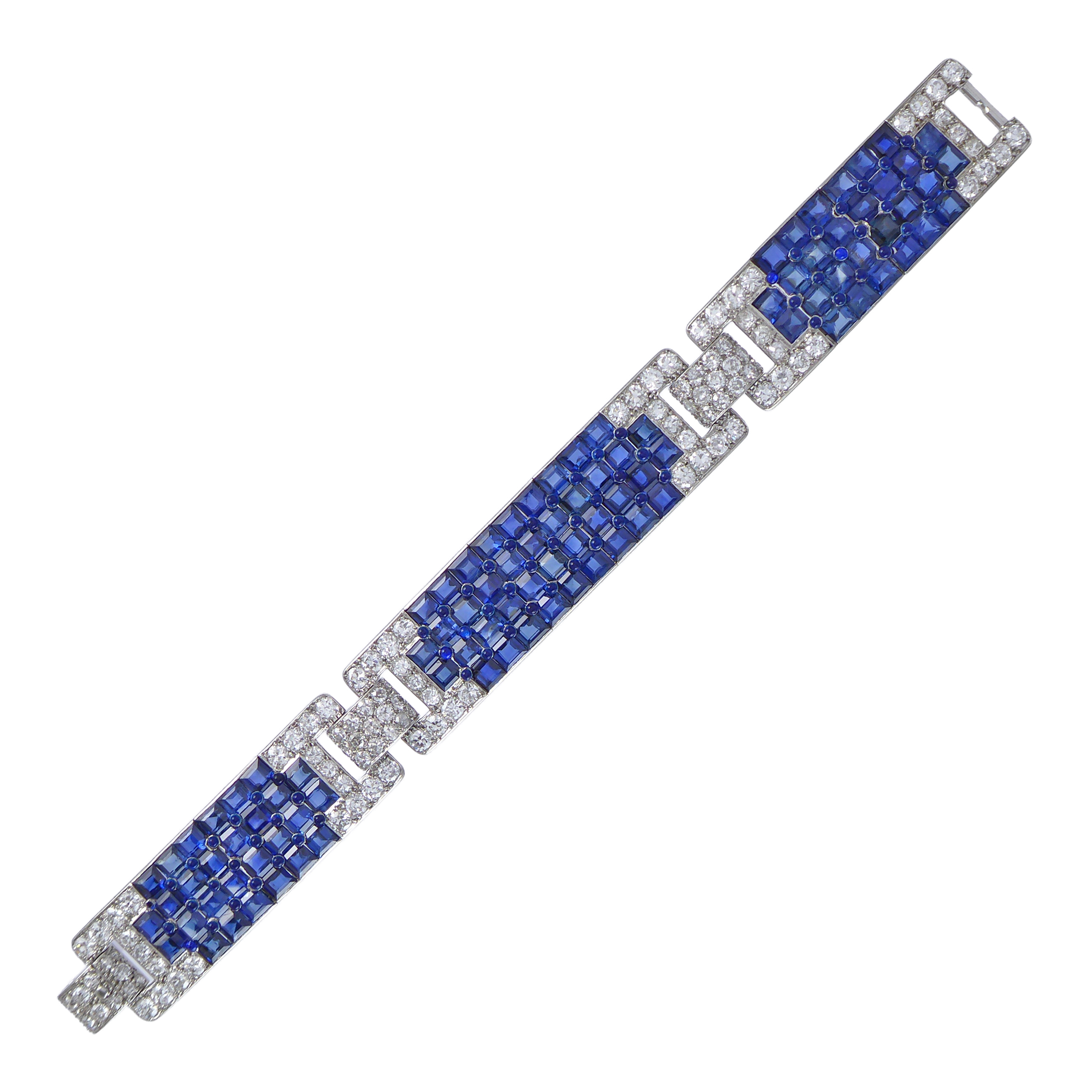Art Deco pave sapphire and diamond buckle strap bracelet by Cartier, Paris c.1925,
